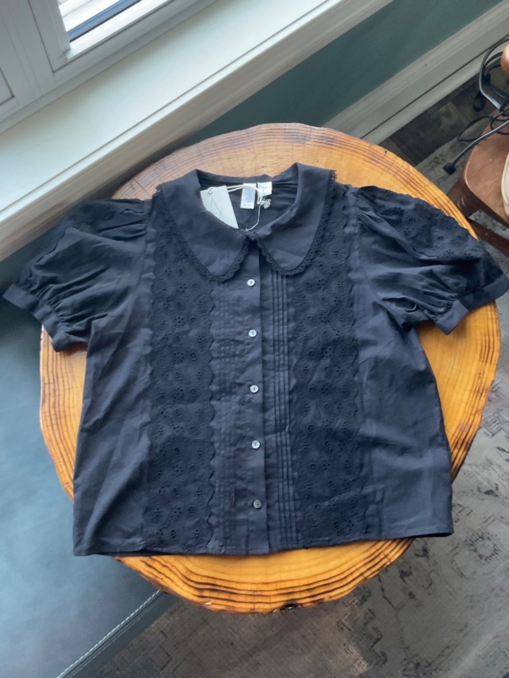 Joie Boho Vintage Eyelet Embroidery Collared Blouse Top Black NWT